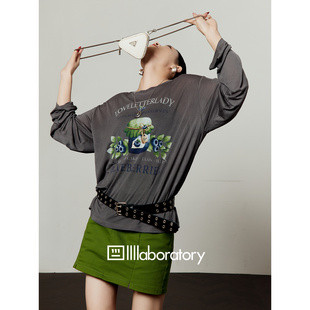 周里物「蓝莓罐子」灰色T恤女独特漂亮遮肚子上衣慵懒风宽松长袖