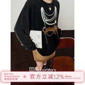 T恤女珠链豹纹印花宽松长袖 周里物出品「珠光豹影」2025秋季 新款