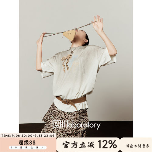 周里物渐变豹纹蝴蝶结短袖T恤女