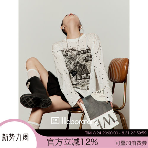 周里物复古猫秀波点宽松T恤女