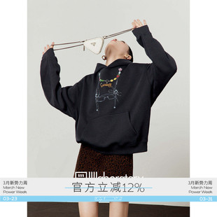 周里物出品「饰梦」蓝色加绒卫衣女2026春季 印花休闲连帽上衣 新款