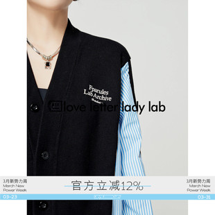 宽松外穿通勤针织衫 周里物 毛衣外套拼接条纹V领开衫 新款 早春女装