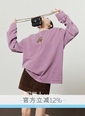 周里物出品「闪钻小熊」紫色T恤女2026春季新款宽松显瘦百搭上衣