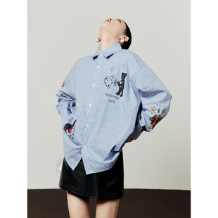 周里物出品「旋涡」蓝色格纹衬衫女2026春季新款宽松休闲印花衬衣