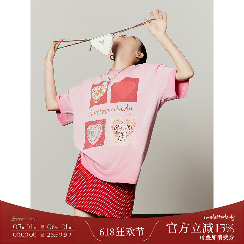 周里物/美式玫红爱心甜宠印花T恤女2026夏季新款做旧宽松复古短袖