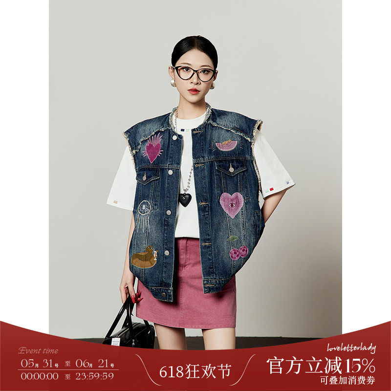 周里物/复古爱心樱桃马甲女款2026新款夏叠穿毛边坎肩牛仔马甲