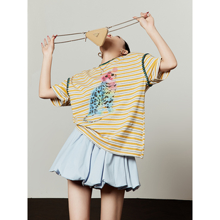 周里物 女装 宽松百搭复古短袖 女 条纹豹纹印花T恤女今年流行漂亮