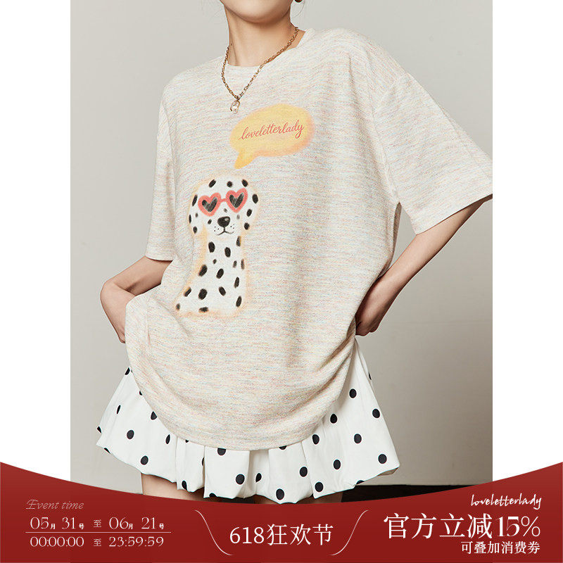 周里物/花纱粉爱心斑点狗印花短袖T恤女夏季新款2026超火减龄上衣