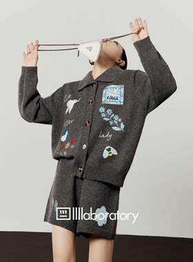 周里物出品「蓝马颂」灰色套装女2026春季新款针织开衫短裤两件套