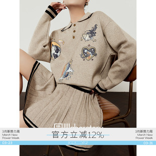 新款 周里物「星星幻境」燕麦色套装 女印花毛衣百褶裙两件套春季