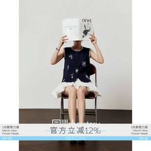 提花设计无袖 新款 小清新简约风上衣 藏蓝色马甲女2025夏季 周里物