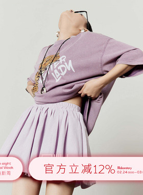 「周里物出品」浅紫色T恤女2025夏季新款斜肩豹子印花宽松感短袖