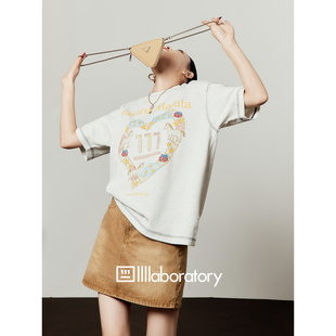 宽松百搭童趣设计感chic休闲短袖 白花灰印花T恤女2026新款 周里物