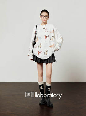 「周里物出品」白色T恤女2026春季新款猫咪乐园印花宽松休闲长袖