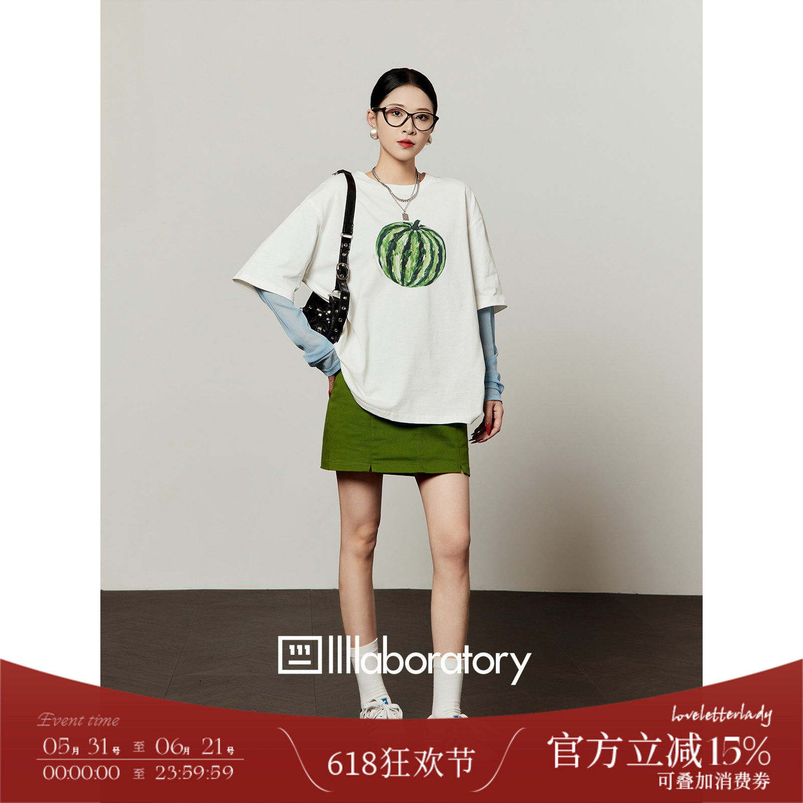 周里物/白蓝色西瓜印花T恤女2026新款宽松显瘦超火减龄假两件长袖