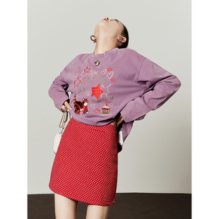 春宽松圆领百搭长袖 2026新款 周里物出品「星星点点」紫色T恤女款