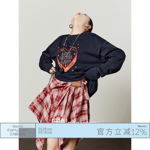周里物出品「复古霓虹」海军蓝T恤女2026春季新款宽松休闲风上衣