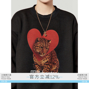 周里物出品「心豹迷情」黑色加绒卫衣女2026春季 宽松印花上衣 新款