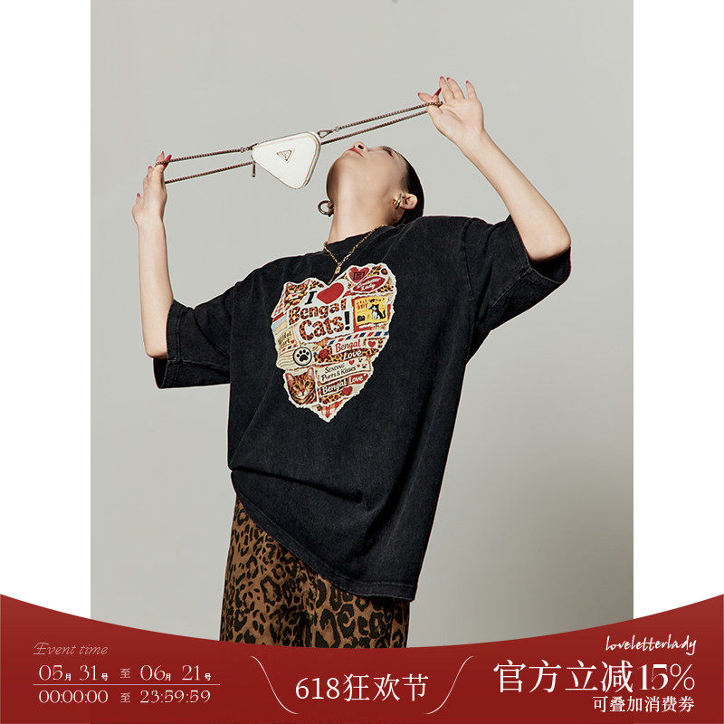 周里物/炒花黑色爱心豹猫拼图印花t恤女2026夏季新款复古做旧短袖