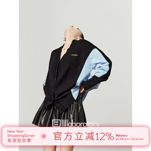 「周里物出品」黑色针织衫女2025秋季新款V领撞色拼接宽松感开衫