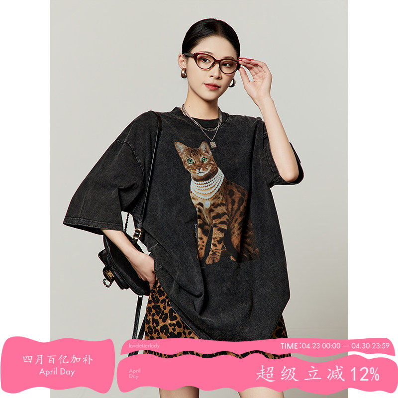 周里物出品「绿眼珍珠猫」黑色水洗T恤2026夏季新款原创印花短袖