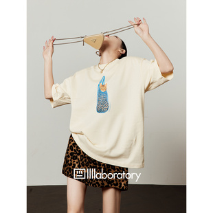 休闲简约短袖 上衣 夏季 周里物「蓝兜私语」豹纹印花T恤女2026新款