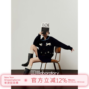 周里物/藏蓝色毛衣女2025秋季新款翻领撞色小狗提花宽松针织外套