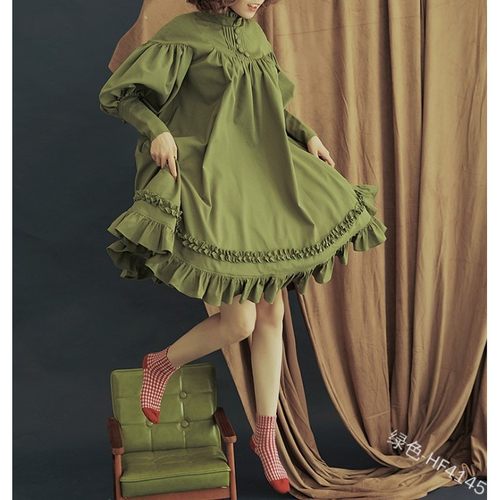 服新款长袖宽松纽扣花边灯笼袖装饰lolita连衣裙Q155日系女仆COS