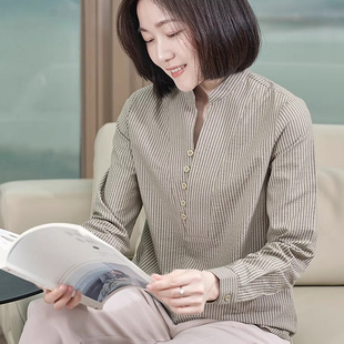 纯棉女士衬衫长袖春秋外穿休闲宽松大码中年妈妈减龄条纹立领上衣