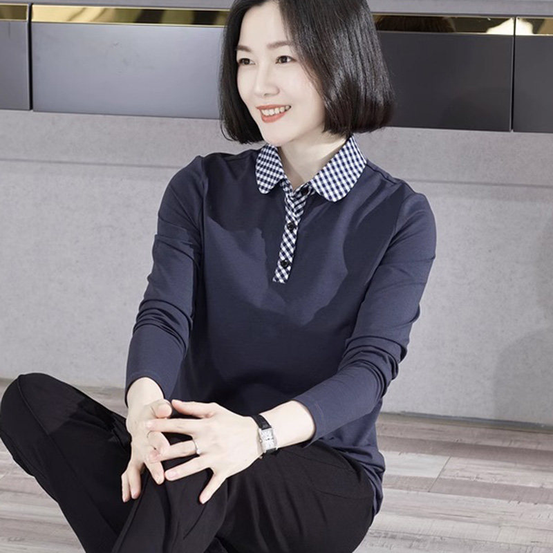 娃娃领小衫女高档洋气宽松长袖上衣T恤翻领莫代尔打底衫可外穿秋