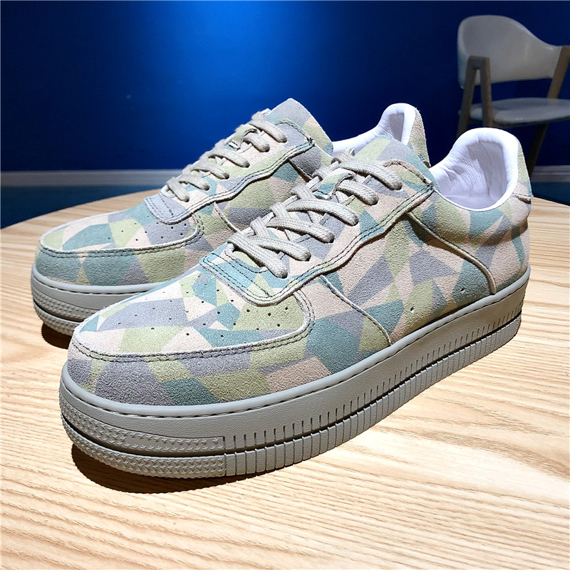 空军一号迷彩男鞋春季欧洲站潮鞋5cm内增高厚底磨砂真皮低帮板鞋