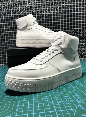 白色休闲高邦鞋头层牛皮男鞋青年潮鞋5cm内增高厚底真皮高帮板鞋