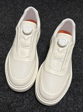 简约小白鞋春夏男鞋旋钮免细带套脚懒人鞋轻便厚底真皮休闲板鞋男