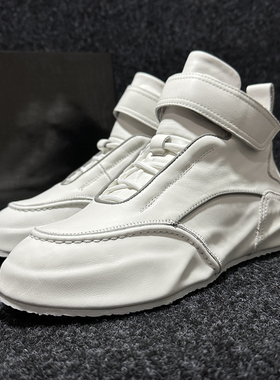 冬季新款白色男鞋欧美时尚潮鞋全牛皮包裹厚底真皮魔术贴高帮板鞋