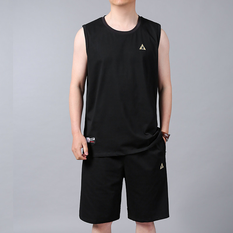 纯棉圆领运动套装宽松大码青中年健身跑步服男装无袖背心短裤一套