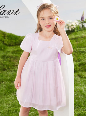 女童公主裙LAVI夏季新款中大童装装蝴蝶结气质泡泡袖短袖连衣裙子