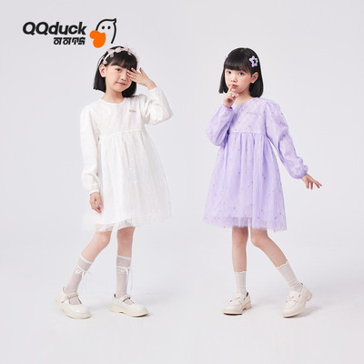 QQduck可可鸭女童长袖连衣裙春秋季新款中大童娃娃高腰网纱公主裙