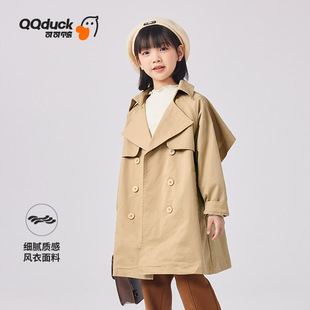 QQduck可可鸭女童风衣春秋季新款中长款宽松复古英伦风女生外套