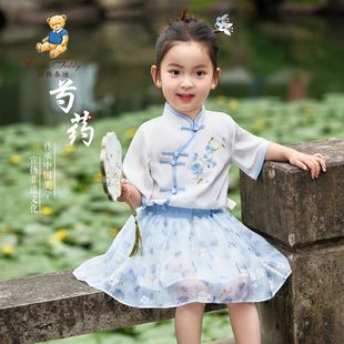 精典泰迪女童短袖短裙套装中大童汉服夏季新款套裙国风雪纺中式裙