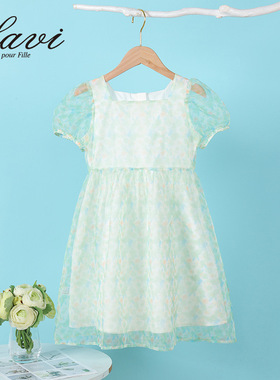 女童连衣裙夏季短袖LAVI新款小清新泡泡袖花朵中大童裙子女生裙子