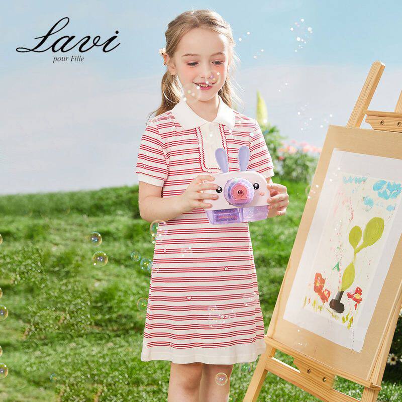 LAVI童装女童短袖连衣裙夏季新款Polo裙中大童装女生休闲条纹裙子