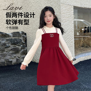 LAVI春秋季新款女童长袖连衣裙女孩假两件甜美裙子中大童公主长裙