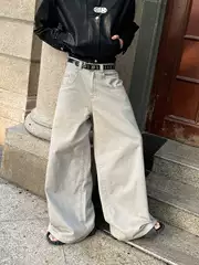 Infinitehf Niche Design Retro Oversized Runway Style Floor-Length Loose High-Waisted Pants Suit Jeans for Men