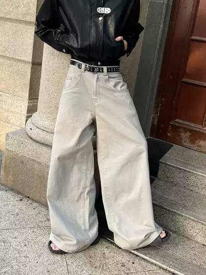 Infinitehf Niche Design Retro Oversized Runway Style Floor-Length Loose High-Waisted Pants Suit Jeans for Men