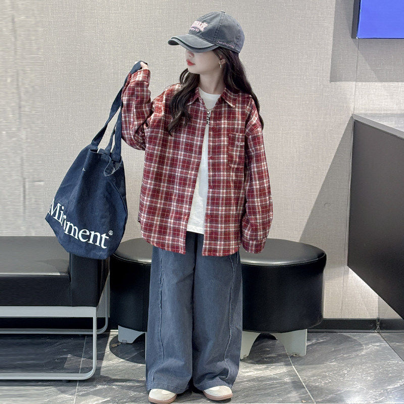 女童衬衫长袖春季2026新款儿童韩系上衣女大童春秋款格子衬衣外套