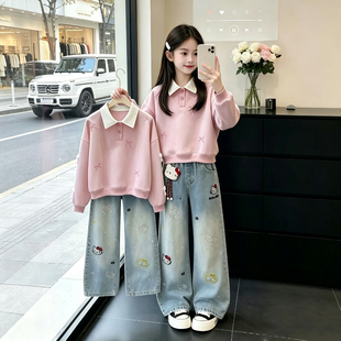 女童休闲卫衣套装秋季2026新款儿童Polo衫女大童秋装牛仔裤两件套
