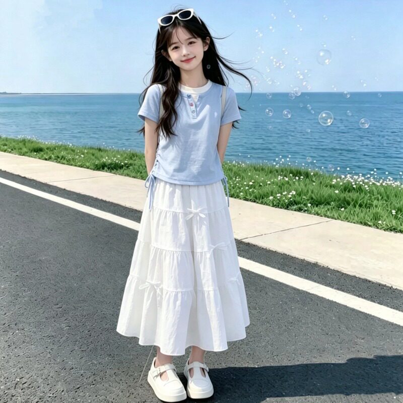 女童白色半身裙夏季套装26新款大童收腰短T恤女孩夏天长裙两件套