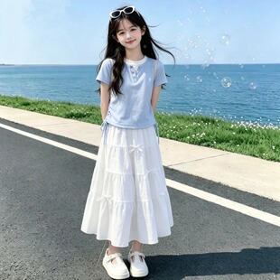 女童白色半身裙夏季套装26新款大童收腰短T恤女孩夏天长裙两件套