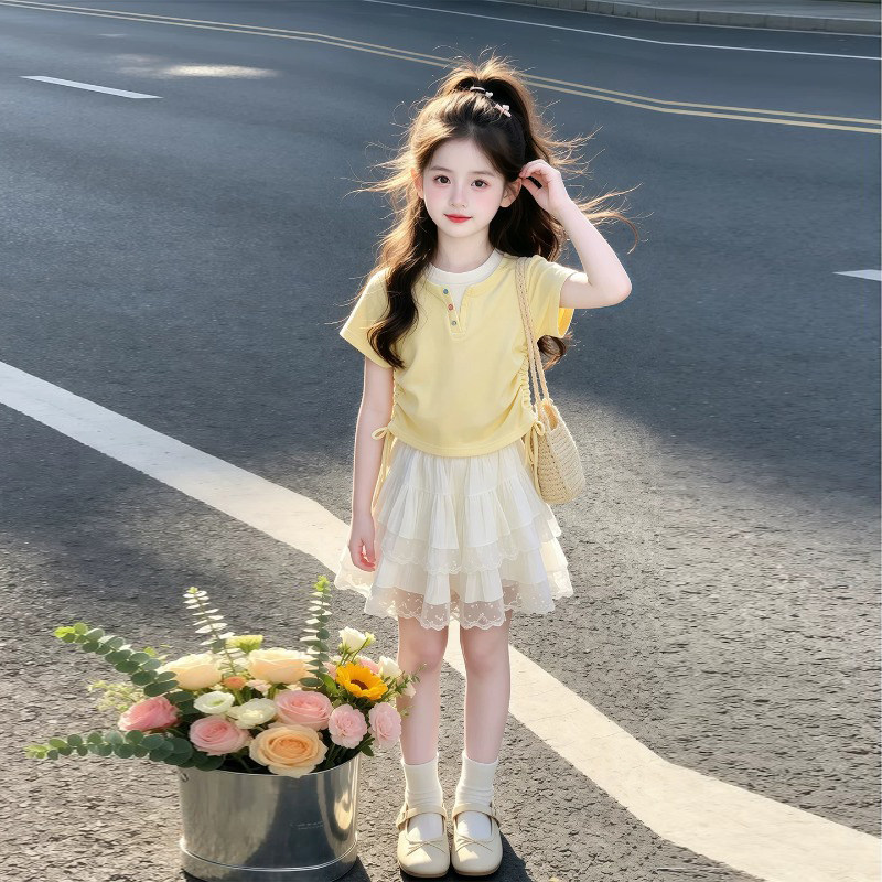 女童蛋糕裙套装夏季2026新款儿童洋气假两件上衣女孩夏装半身裙子