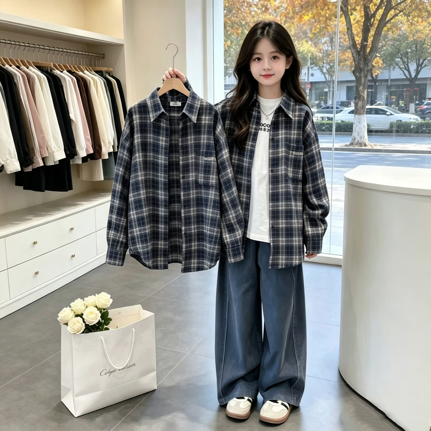 女童衬衫2026秋季儿童长袖格子衫上衣中大童秋装百搭宽松衬衣外套
